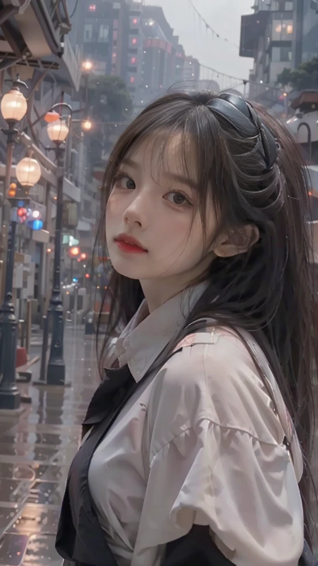 Masterpiece, best quality, extra detail, cute, dramatic, rainy, dark, ruins city, a girl, long silver straight hair, far angle