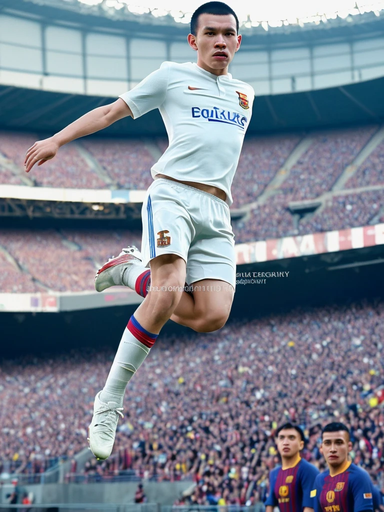 Make a realistic photography picture, an Indonesian man, with a round head, white, handsome, buzz cut hairstyle, jumping while controlling the ball, in a stadium, wearing a Barcelona jersey that says (ABOY) wearing black shoes, a football stadium in the background. crowded with spectators, high light, detailed faces, zoom out, high color