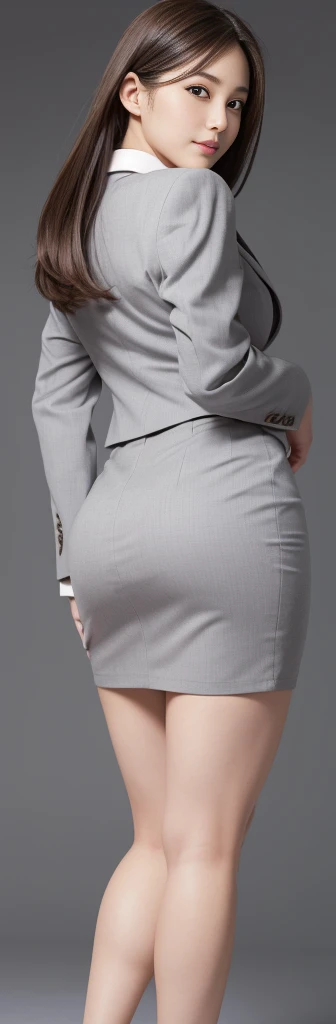 Highest quality, masterpiece, Ultra-high resolution, (Realistic:1.4), RAW Photos, Very detailed, Perfect Anatomy, The most beautiful Japanese female office worker in the world、Back view、（（all body:1.4, Depict the whole body：1.4））、（（smile、Looking back at the camera：1.4））、Glamorous Body、Perfect proportions、（（（Her beautiful, big, forward leaning postureで、Perfect big ass sticking out for the camera：1.4）））、Very close to the butt、Drawing from the knees up、forward leaning posture、（（shoulder hair、Straight Hair：1.4））、 1 girl, Age 25, Most popular Japanese idols, ((Wearing a light grey business suit and a tight pencil mini skirt、Point your butt up):1.2), (He is wearing a light gray business suit over a white dress shirt.、Wearing beige pantyhose、Transmitted pantyhose、（（Wearing black high heels：1.4））。.。.。.), 無邪気なsmile, Very cute face like the most famous Japanese idol, very beautiful big black round eyes, ((Very beautiful semi-brown hair)), Very beautiful slender body, Very beautiful breasts, Very beautiful ass in a light gray business miniskirt, Plump thighs、 Depict the whole body、very beautiful Realistic skin,　Pay attention to the butt、Turn around and look at the camera、 A business suit with attention to detail, A good quality white dress shirt、The background is a business district、Outdoor