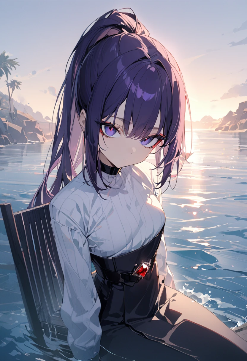 1 girl, top quality, masterpiece, expressionless, beautiful, big eyes, dark purple hair, ponytail, red jewel, black belt, sitting, water