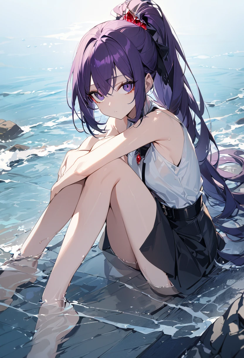 1 girl, top quality, masterpiece, expressionless, beautiful, big eyes, dark purple hair, ponytail, red jewel, black belt, sitting, water