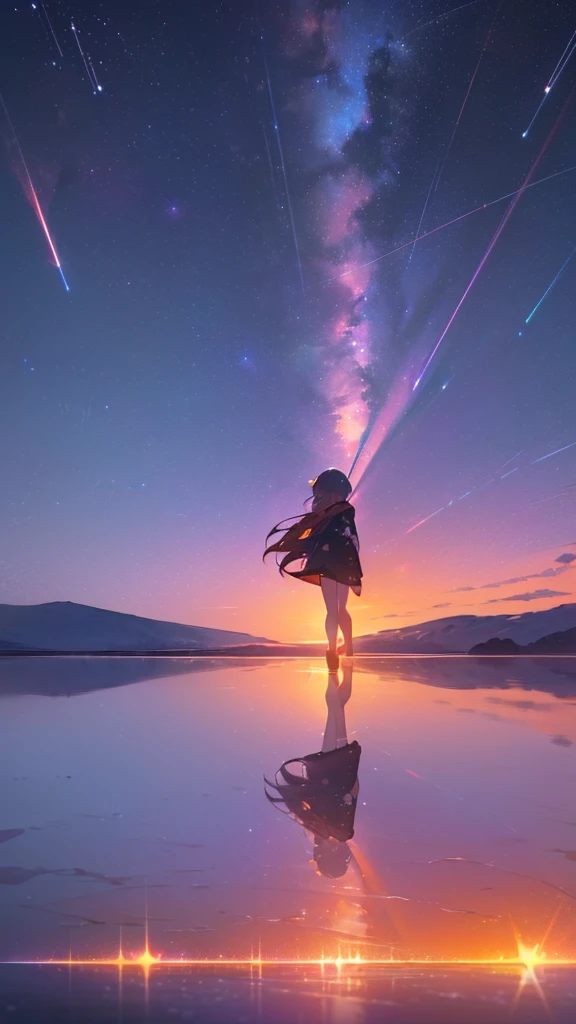 ((Uyuni Salt Flat、Reflecting the night sky and the dramatic night. A girl walks in the middle of it, Surrounded by the night sky, Create stunningly beautiful scenes.)), he (sunset:1.3),((星空をPointアニメの女の子)), (((It&#39;s so big you can see the view)),(Perfect Anatomy:1.2),((Perfect hands:1.2)), (Highest quality:1.1), ((One girl)), From above、Dutch Angle、Very wide shot、(((Toru Asakura:1.37, alone))), (((barefoot))), ))), (((Snow-white summer dresses))),　(((Shortcuts))),　(((Beige Hair、Earrings、Gradient Hair、Multi-colored hair、Parted bangs、Blonde、A white summer dress with lots of embroidered lace, No sleeve))), (Beautiful Face, Cute Face, Detailed face), (((Beautiful green eyes with beautiful details))),NFSW,((masterpiece)), Highest quality, Anime Art Wallpaper 8K, ripple, Dawn Background, ((Awareness-raising, Concept Art, And soul, Key Visual)),Sparkling Eyes, Happy, Point ,forward hand,Floating Hair, Shiny Hair,Outdoor, Wind,Sparkling Eyes, Sexy Body, NFSW,((masterpiece)), Highest quality, Anime Art Wallpaper 8K,summer、新海誠のConcept Art、tumbler、magical realism、Beautiful Animeシーン、Beautiful sky。By Shinkai Makoto、((By Shinkai Makoto))、Anime Background Art、Anime Background、Makoto Shinkai&#39;s Style、Anime movie background、Galaxy Express、(((Vast views))),Very detailed CG 統合 8k 壁紙, 非常に素晴らしい8kCG壁紙, Anime Moe Art Style, Cute girl anime visuals, アニメWindのポートレート, アニメWindに, Beautiful Anime, 8kアニメアートスタイル, アニメWind、詳細な描画による8kアニメーション, (masterpiece, Highest quality), High resolution, Very detailed, Ultra Sharp, Cinema Lighting, High resolution, 超High resolution,　8k、Glowing Eyes,　Auspicious々lips, Transparency、Pull out、Are standing , Raise one leg, Back view, View your viewers