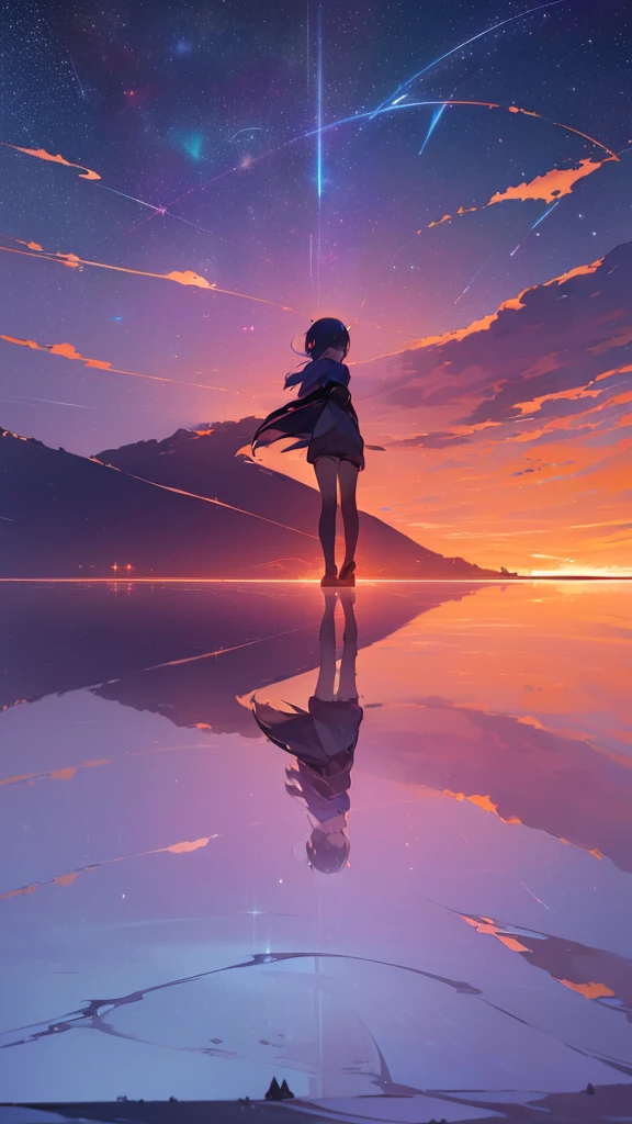 ((Uyuni Salt Flat、Reflecting the night sky and the dramatic night. A girl walks in the middle of it, Surrounded by the night sky, Create stunningly beautiful scenes.)), he (sunset:1.3),((星空をPointアニメの女の子)), (((It's so big you can see the view)),(Perfect Anatomy:1.2),((Perfect hands:1.2)), (Highest quality:1.1), ((One girl)), From above、Dutch Angle、Very wide shot、(((Toru Asakura:1.37, alone))), (((barefoot))), ))), (((Snow-white summer dresses))), (((Shortcuts))), (((Beige Hair、Earrings、Gradient Hair、Multi-colored hair、Parted bangs、Blonde、A white summer dress with lots of embroidered lace, No sleeve))), (Beautiful Face, Cute Face, Detailed face), (((Beautiful green eyes with beautiful details))),NFSW,((masterpiece)), Highest quality, Anime Art Wallpaper 8K, ripple, Dawn Background, ((Awareness-raising, Concept Art, And soul, Key Visual)),Sparkling Eyes, Happy, Point ,forward hand,Floating Hair, Shiny Hair,Outdoor, Wind,Sparkling Eyes, Sexy Body, NFSW,((masterpiece)), Highest quality, Anime Art Wallpaper 8K,summer、新海誠のConcept Art、tumbler、magical realism、Beautiful Animeシーン、Beautiful sky。By Shinkai Makoto、((By Shinkai Makoto))、Anime Background Art、Anime Background、Makoto Shinkai's Style、Anime movie background、Galaxy Express、(((Vast views))),Very detailed CG 統合 8k 壁紙, 非常に素晴らしい8kCG壁紙, Anime Moe Art Style, Cute girl anime visuals, アニメWindのポートレート, アニメWindに, Beautiful Anime, 8kアニメアートスタイル, アニメWind、詳細な描画による8kアニメーション, (masterpiece, Highest quality), High resolution, Very detailed, Ultra Sharp, Cinema Lighting, High resolution, 超High resolution, 8k、Glowing Eyes, Auspicious々lips, Transparency、Pull out、Are standing , Raise one leg, Back view, View your viewers