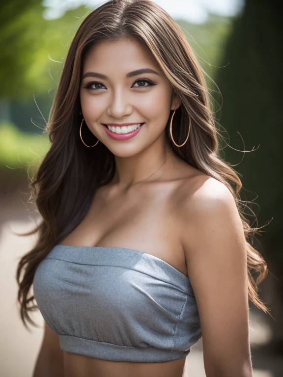 (Highest quality,10,10,High resolution,masterpiece:1.2),Super detailed,Realistic:1.37,Professional,One 19-year-old girl with long hair, Flowing hair and a metallic grey strapless shirt, And wear a sarong., Symmetrical shape,Vibrant colors,Bokeh,Studio Light,Portraiture, 1 Girl、smile
