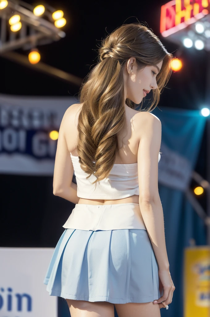 (((best quality))),(((ultra detailed))),(((masterpiece))),illustration,((a beautiful girl,solo)),(shoulder length straight hair:1.2),((slim,thin)),((strapless,shoulder off,bare back,towering hips,butt crack)),(white shirt:1.5),(blue mini-skirt:1.3),(slender legs:1.2),(sneakers:1.3),(standing:1.3),(on the stage:1.3),((outside a shopping mall, at the entrance of a beer promotional event)),((surrounded by crowded crowds)),((hair and skirt fluttering in the air)),expressive eyes,infectious smile,the stage adorned with colorful decorations,vibrant atmosphere,(night scene:1.3),(from back:1.3),(upper body:1.3),