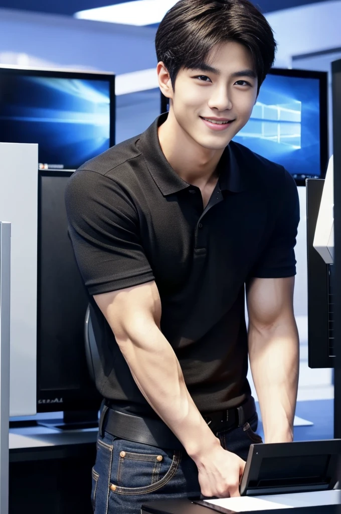 ((realistic daylight)) , (Korean guy in black polo shirt only) , Jeans, A handsome, muscular young Asian man looks at the camera.  , In a computer shop ,turn sideways, smile