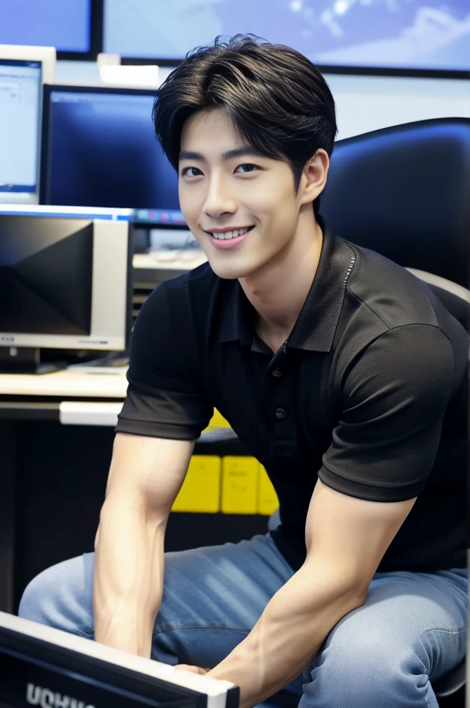 ((realistic daylight)) , (Korean guy in black polo shirt only) , Jeans, A handsome, muscular young Asian man looks at the camera.  , In a computer shop ,turn sideways, smile