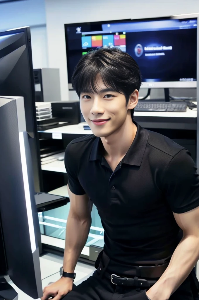 ((realistic daylight)) , (Korean guy in black polo shirt only) , Jeans, A handsome, muscular young Asian man looks at the camera.  , In a computer shop ,turn sideways, smile