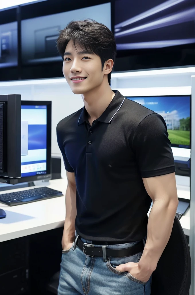 ((realistic daylight)) , (Korean guy in black polo shirt only) , Jeans, A handsome, muscular young Asian man looks at the camera. , In a computer shop ,turn sideways, smile