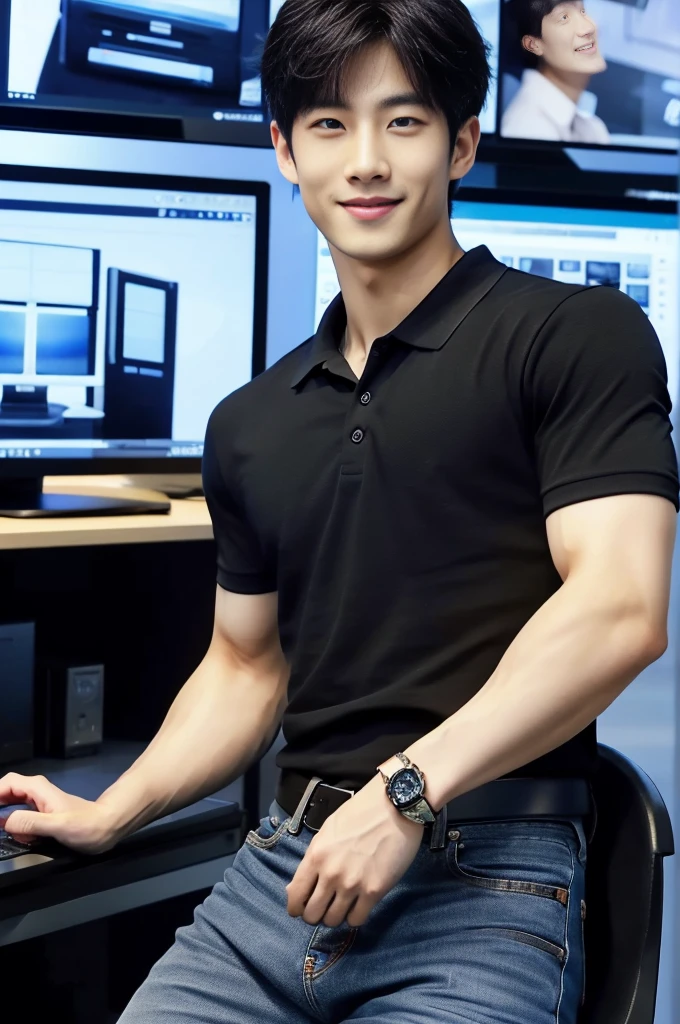 ((realistic daylight)) , (Korean guy in black polo shirt only) , Jeans, A handsome, muscular young Asian man looks at the camera.  , In a computer shop ,turn sideways, smile