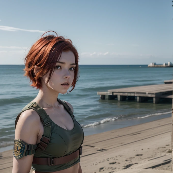 absurd resolution, high resolution, (work of art: 1.4), hiper-detalhe, weapons testing site on an empty seaside dock, ung, Short red hair, soldier costume, very serious expression