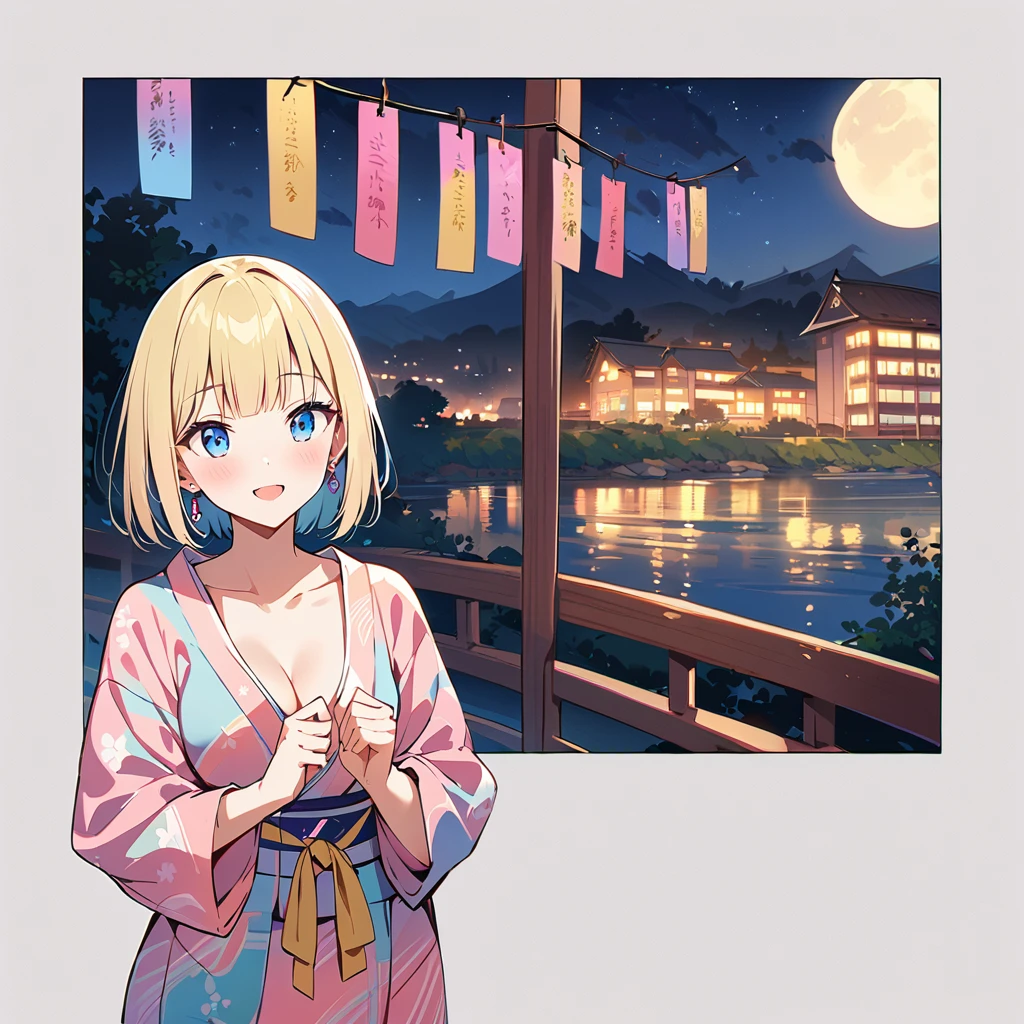 (masterpiece, Highest quality:1.2), One girl, (alone), , ((Pastel colored kimono)), (Are standing), Medium chest, Blunt bangs, Short blonde, (blue eyes), Earlobe Earrings, slim, slender feminine figure, Skinny body, blush, null, Nice views, Blur the background, 4K, Open your mouth, river, Hotel, smile, (with own hands), Tanabata, night, moon, clavicle, Cleavage, Japanese made sandals, outside, A piece of paper,