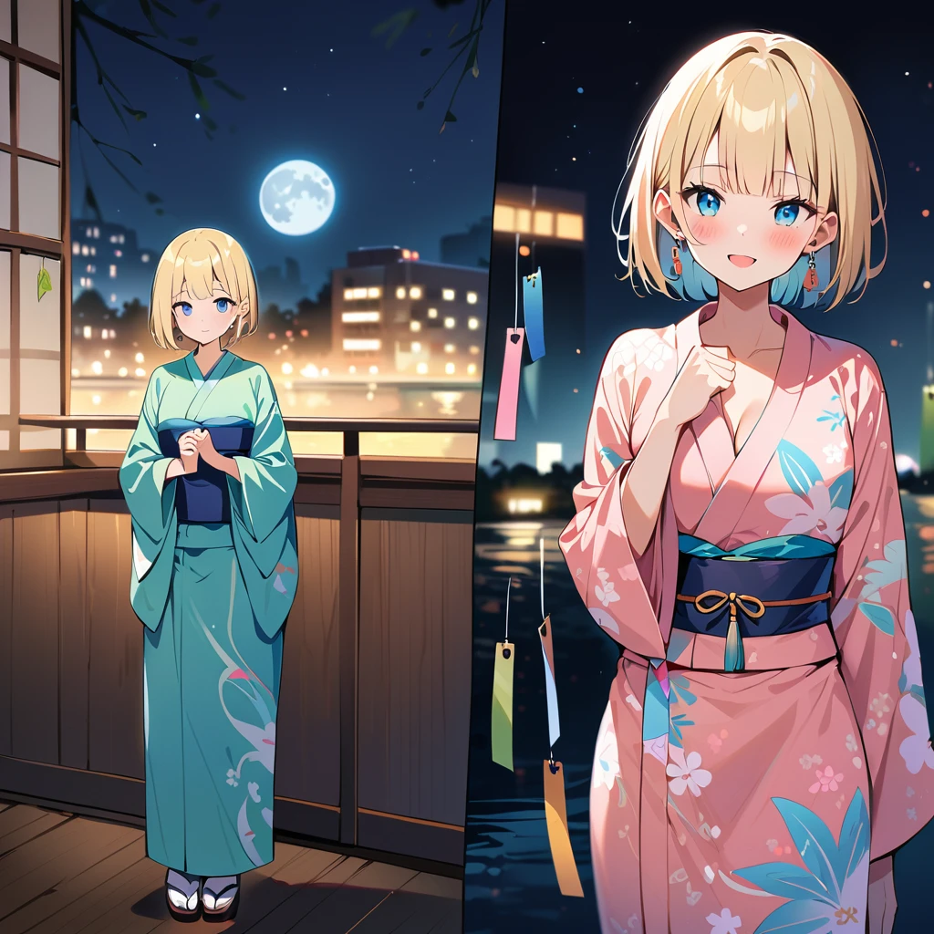(masterpiece, Highest quality:1.2), One girl, (alone), , ((Pastel colored kimono)), (Are standing), Medium chest, Blunt bangs, Short blonde, (blue eyes), Earlobe Earrings, slim, slender feminine figure, Skinny body, blush, null, Nice views, Blur the background, 4K, Open your mouth, river, Hotel, smile, (with own hands), Tanabata, night, moon, clavicle, Cleavage, Japanese made sandals, outside, A piece of paper,