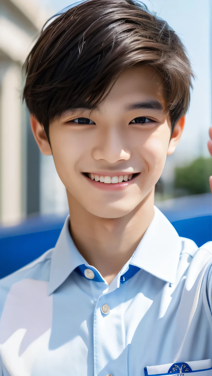 Highest quality, masterpiece, Ultra-high resolution, (Realistic: 1.4), Original photo, wallpaper, Head Photo, skin, Simple Background, Iris, detailed, Selfie, 1 boy, 18-year-old, good looking, Wind,smile,uniform