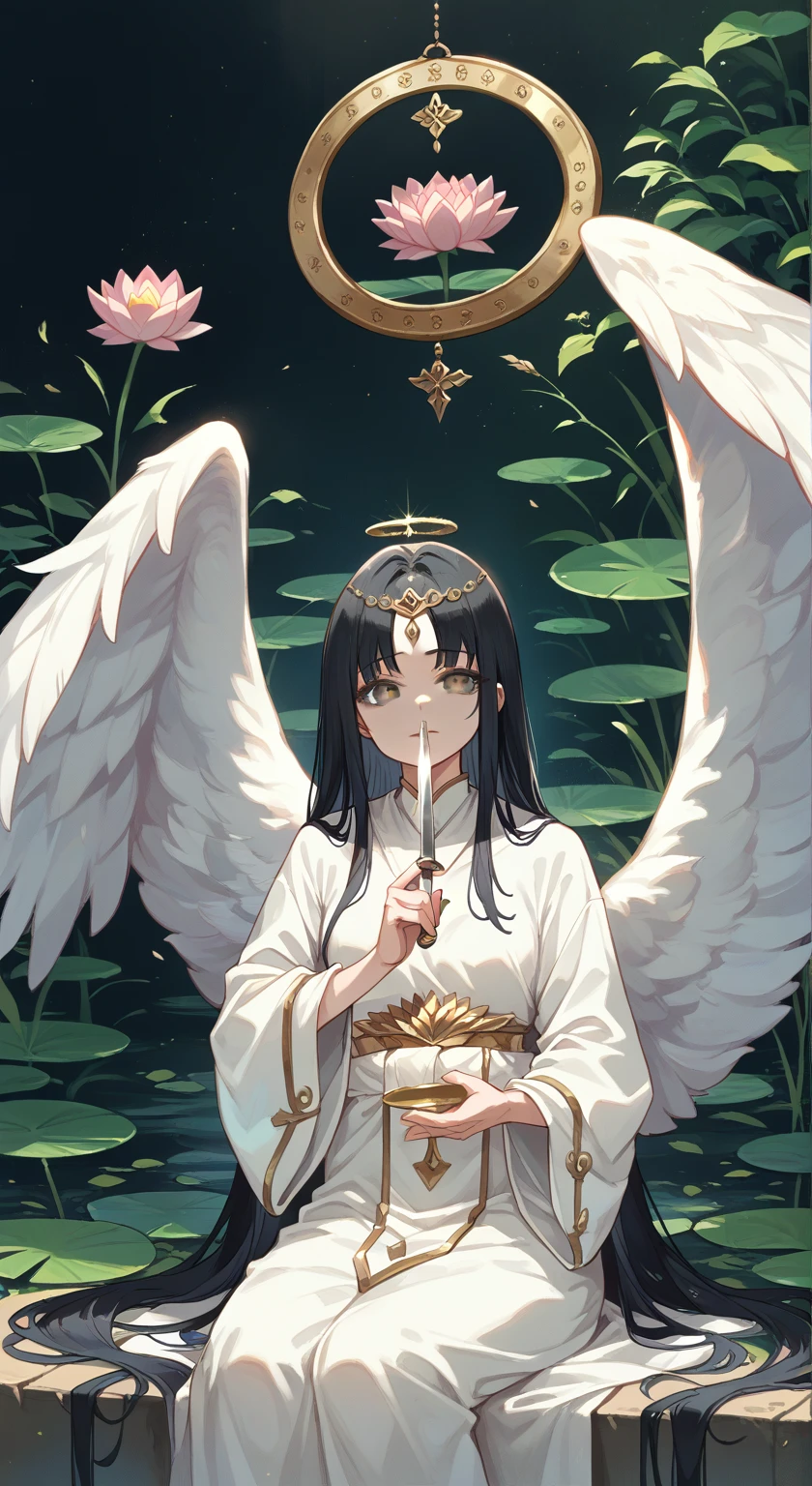 Painting of an angel sitting in a lotus position., Goddess of love and peace, bodhisattva, , queen , meditate , Gray eyes ,black hair , holding a circular knife