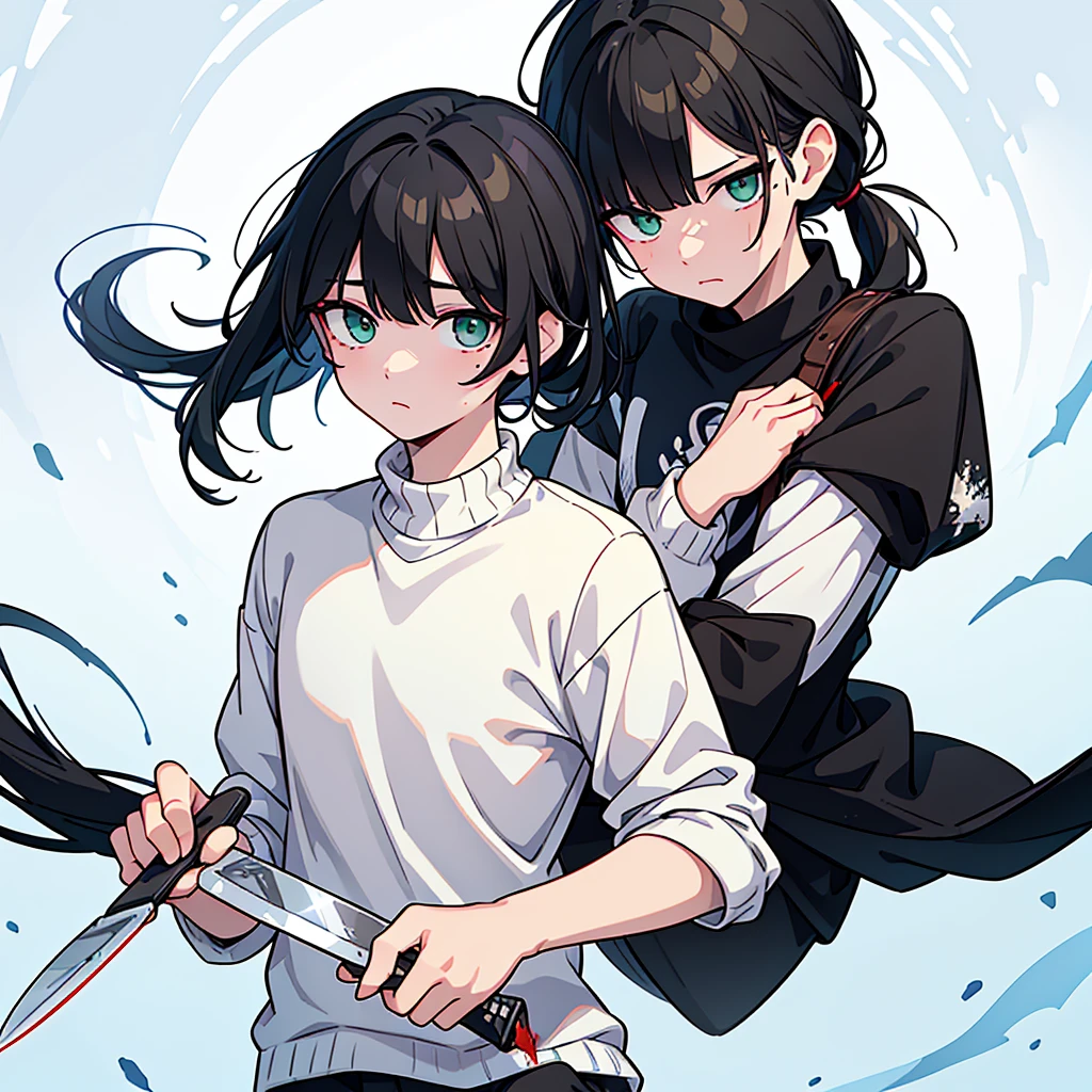 A boy... black hair... Long with bangs and a ponytail... pastel green eyes... sleepy and serene look... snow white skin... a mole under the right eye... unreal beauty... With a card with a heart in his right hand... And on the left with a knife with blood... The boy is dressed in a white sweater with blood stains... Male gender...