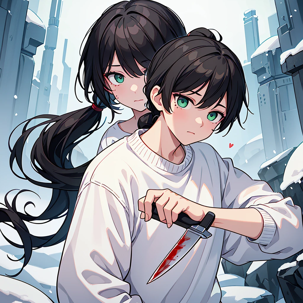 A boy... black hair... Long with bangs and a ponytail... pastel green eyes... sleepy and serene look... snow white skin... a mole under the right eye... unreal beauty... With a card with a heart in his right hand... And on the left with a knife with blood... The boy is dressed in a white sweater with blood stains... Male gender...