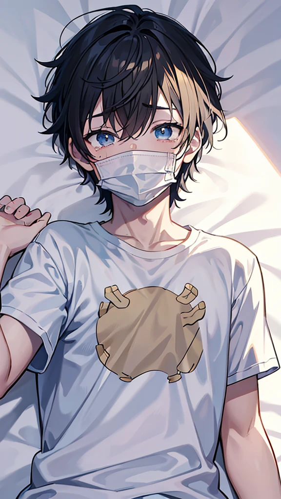 Create an image of a manga-style boy character lying on a bed. Wear a t-shirt that glows from a mobile phone placed face down on your chest. The character is covering his face with his palms and appears to be crying. The background is dark and simple.