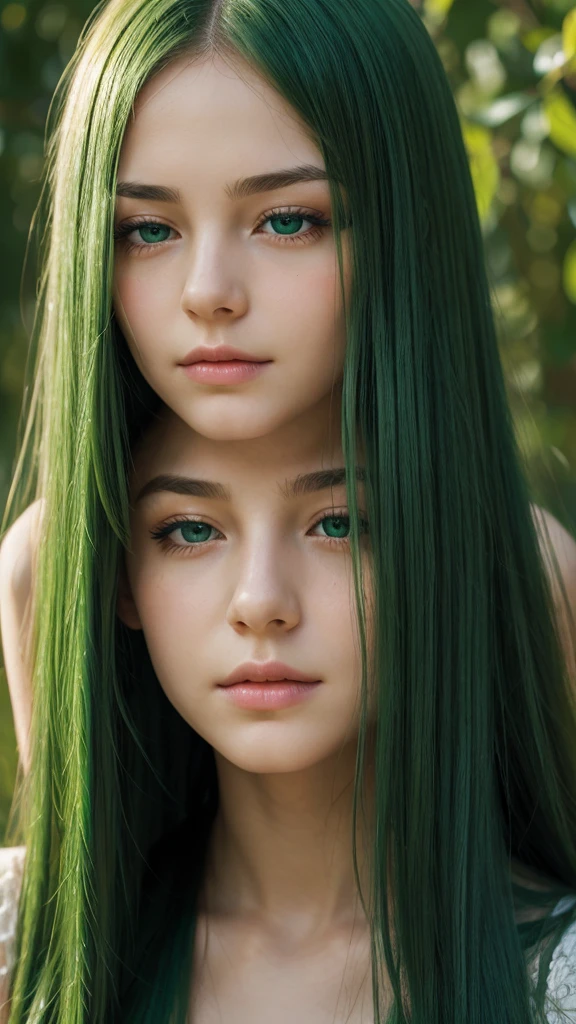 a girl. face sent feeling. Europe. Oval face. long face. delicate facial features. half-closed eyes. seductively seductive. green eyes. long straight hair. green hair. sad expression