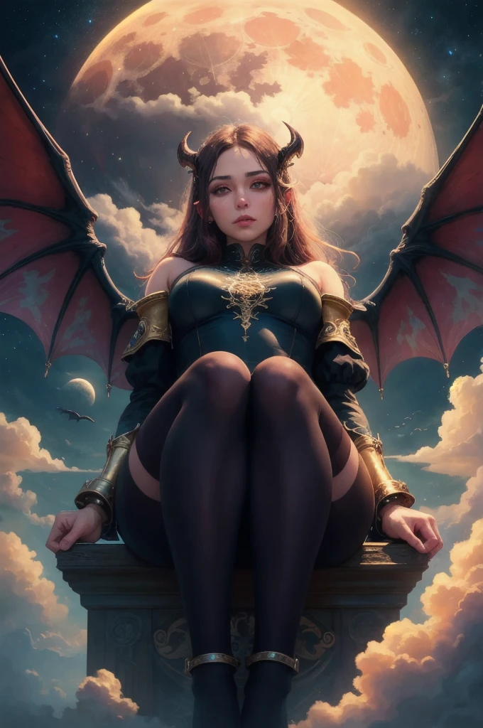 ((Best Quality)), ((masterpiece)), (detailed), together, ethereal beauty, perched on a cloud, (fantasy illustration:1.3), charming look, leotard, shackles, socks, mono, captivating pose, delicate wings, otherworldly charm, mystical sky, big red moon, moonlight night, Soft colors, (detailed cloudscape:1.3), (High resolution:1.2), from below, (classification_explicit), (score_9, score_8_above, score_7_above, score_6_above, score_5_above, score_4_above, High resolution, 4k)
