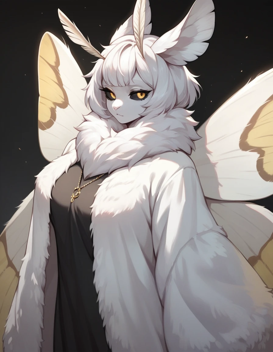 score_9, score_8_up, score_7_up, score_6_up, score_5_up, score_4_up, Anthro, an Anthro female moth, yellow eyes, black sclera, tall, white fluffy body, neck fluff, short white hair, moth ears, moth wings,