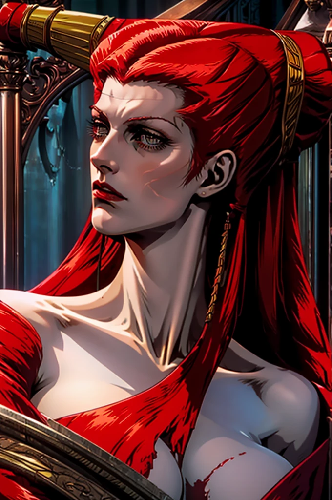 ?????,large breasts,looking at her side profile,beautiful face,bloody,red skin,rising from her tomb,long red hair in dense curls,long slender body,stomach