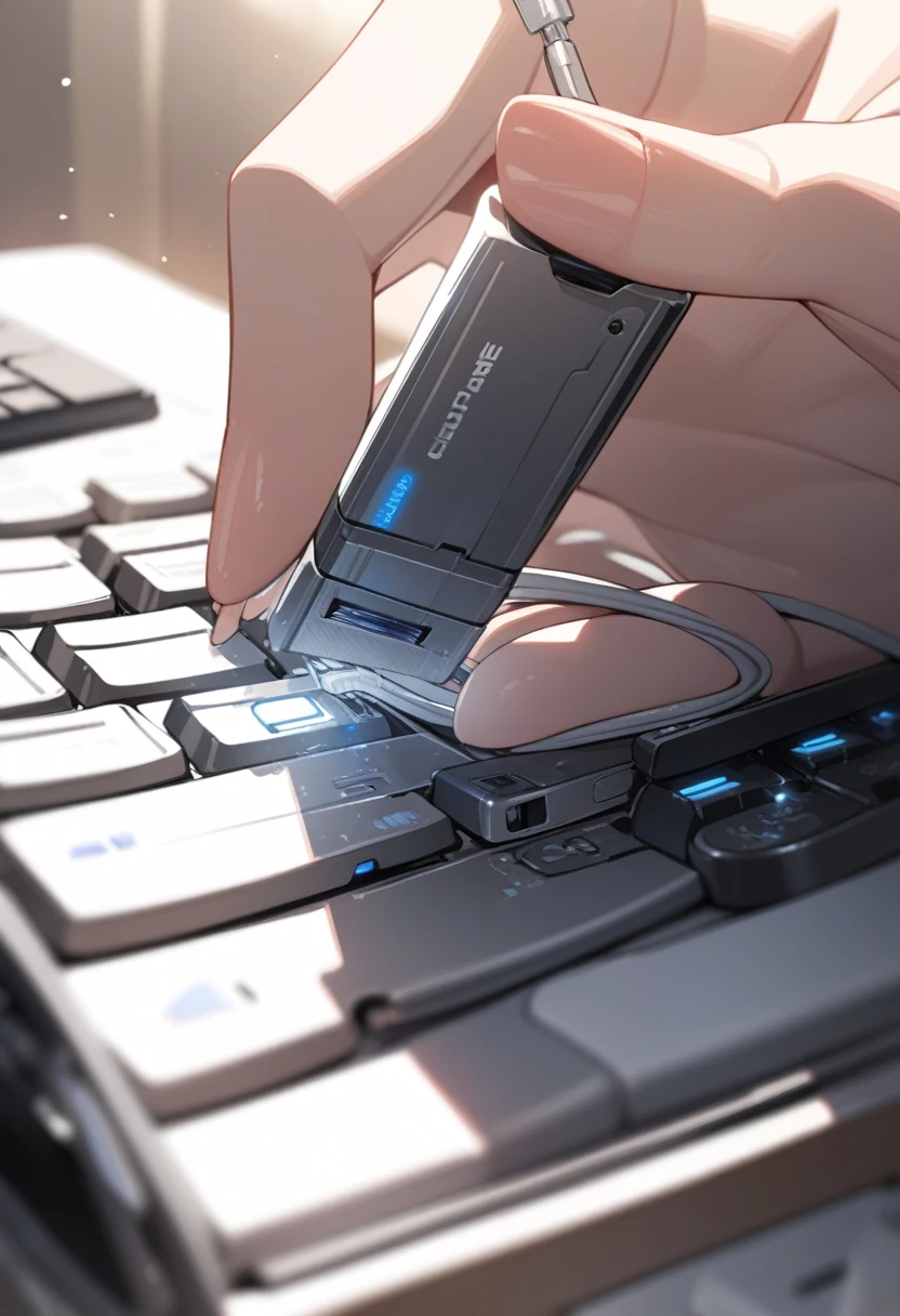 ((background only)),masterpiece, best quality, extremely detailed, ultra detailed, flat anime, 2D, close-up of a female hand, inserting a USB flash memory into a sliver laptop's side USB port, laptop keyboard is visible, the USB flash memory has a black casing,