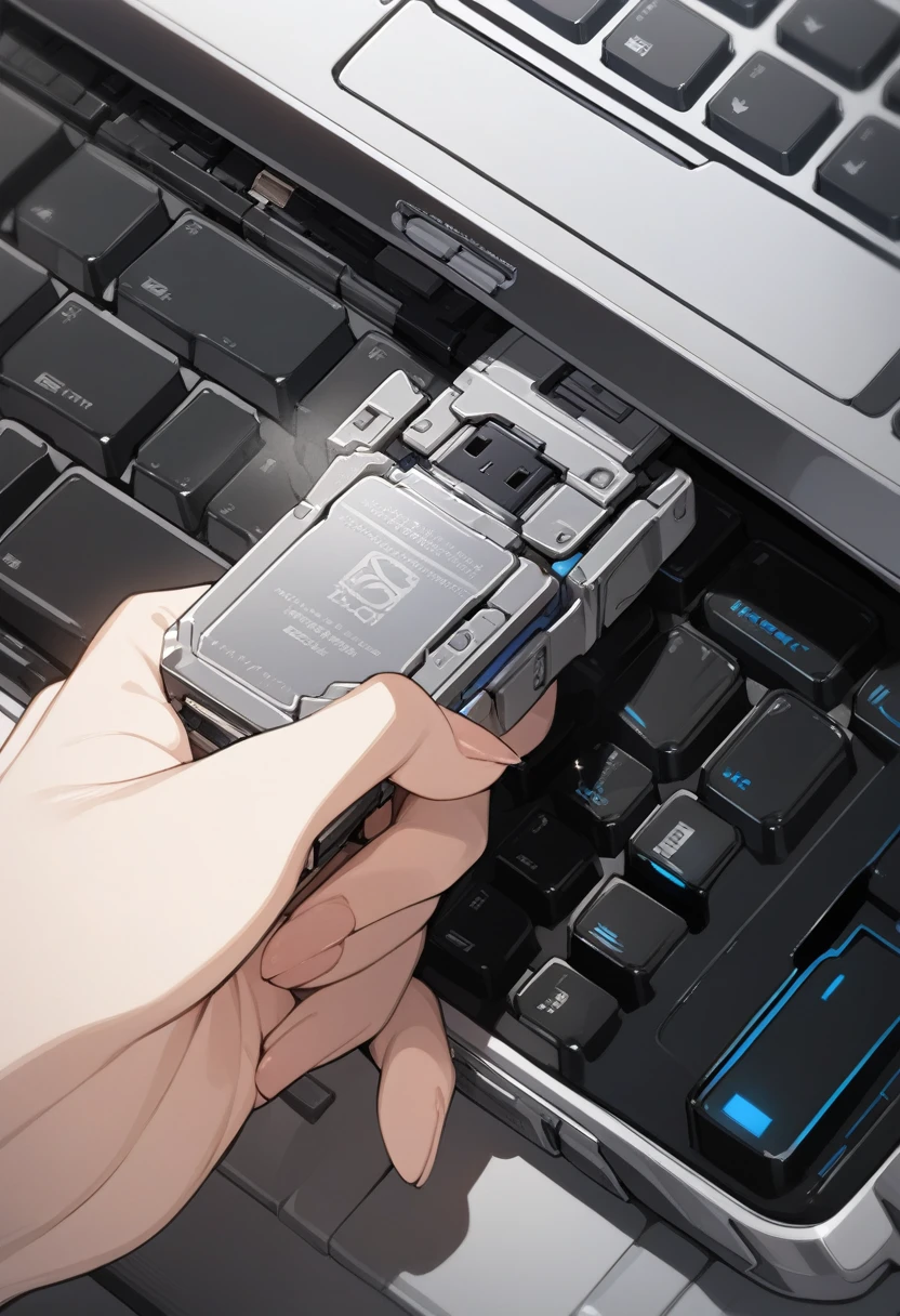 ((background only)),masterpiece, best quality, extremely detailed, ultra detailed, flat anime, 2D, close-up of a female hand, inserting a USB flash memory into a sliver laptop's side USB port, laptop keyboard is visible, the USB flash memory has a black casing,