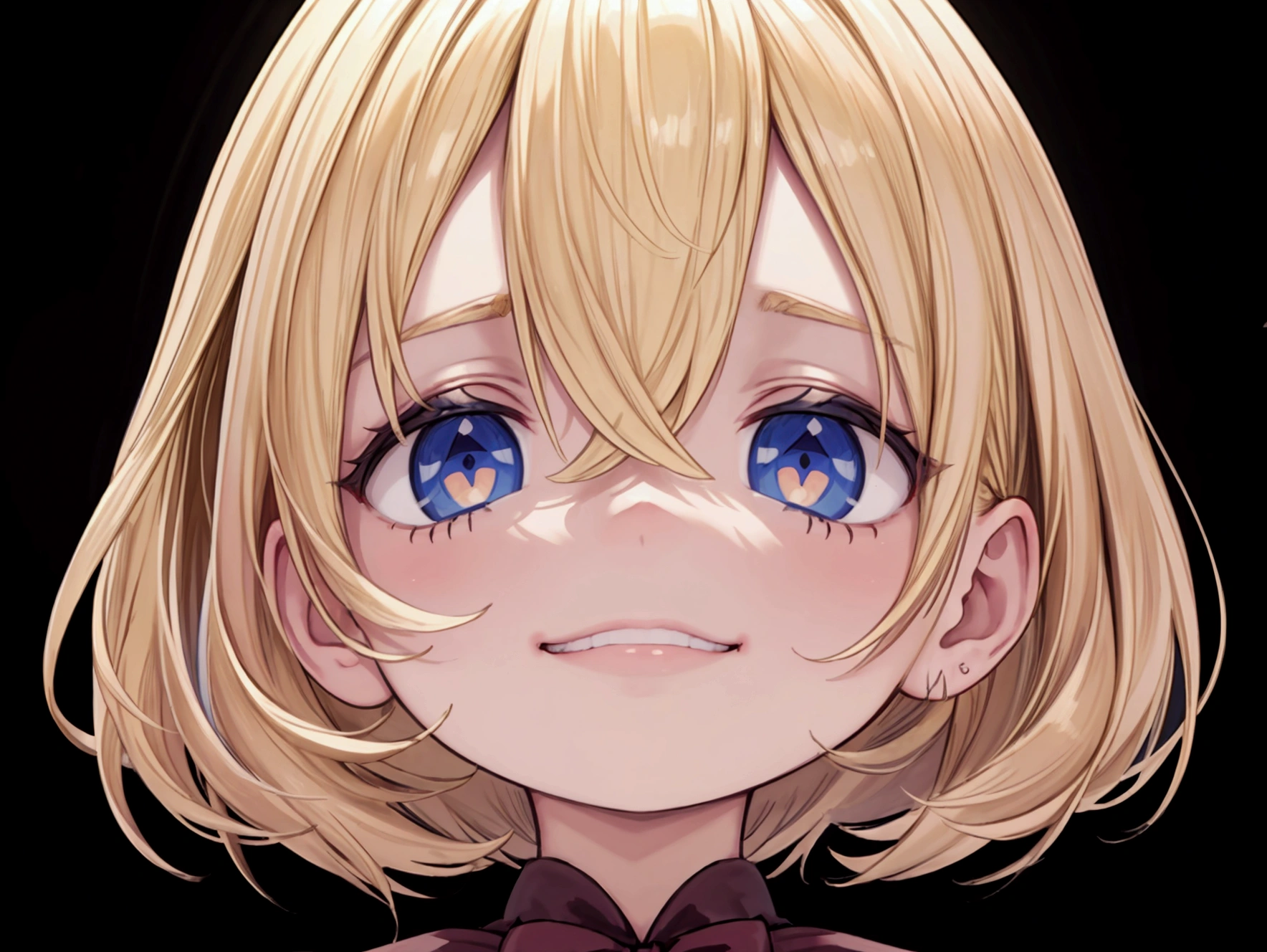child masterpiece), best quality, high resolution blonde 1child bob cut medium hair standing alone profile image looking at viewer beautiful eyes beautiful face extremely detailed evil smile
