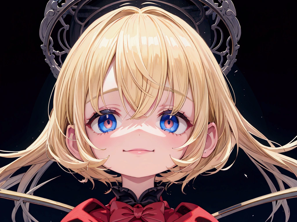  masterpiece), best quality, high resolution blonde 1child bob cut medium hair standing alone profile image looking at viewer beautiful eyes beautiful face extremely detailed evil smile