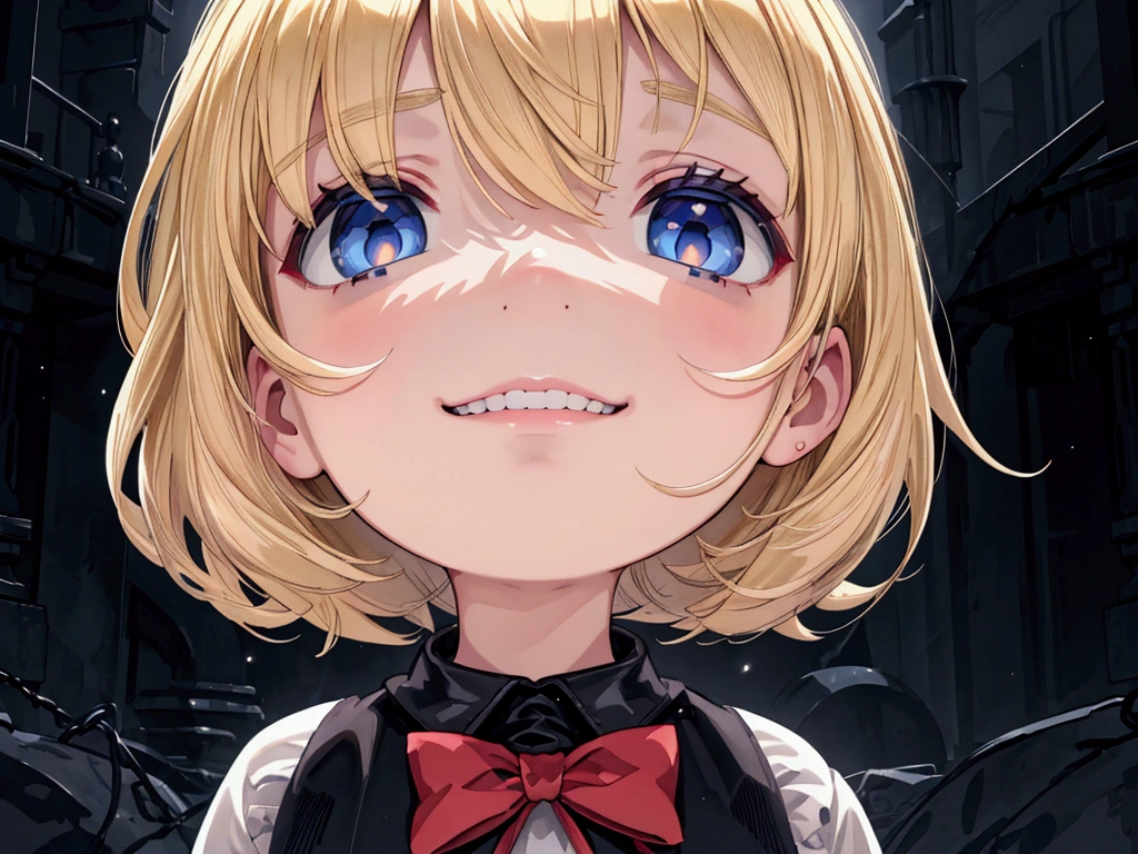 child masterpiece), best quality, high resolution blonde 1child bob cut medium hair standing alone profile image looking at viewer beautiful eyes beautiful face extremely detailed evil smile
