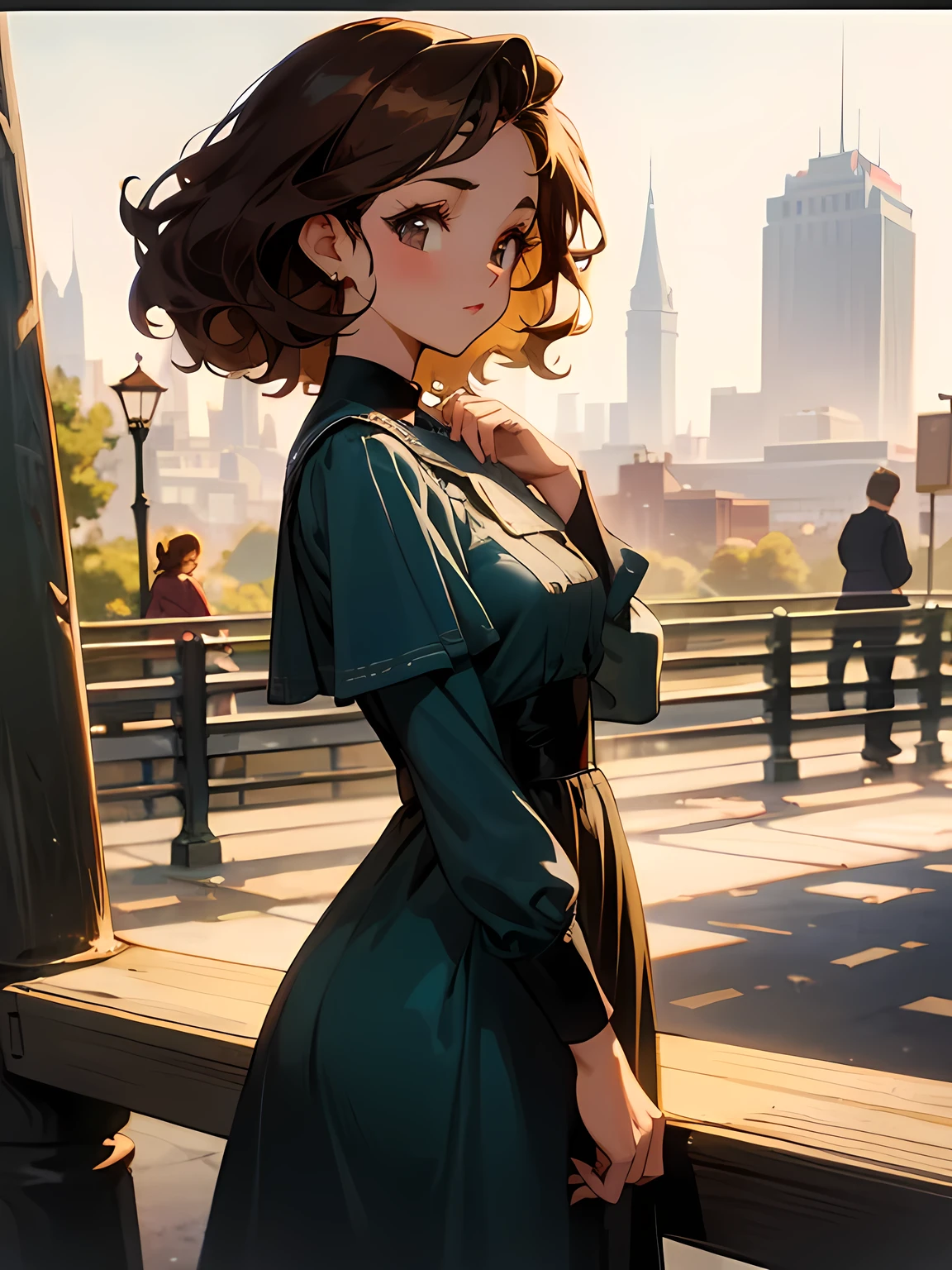 Retro Vintage, photograph, 1940s, young woman, One girl, 8k, High resolution, vintage dress, City Park, stylish, Wavy Hair, Brown Hair, close, European women, evening, Subdued color grading, moderate, To the camera, Front shot, short hair