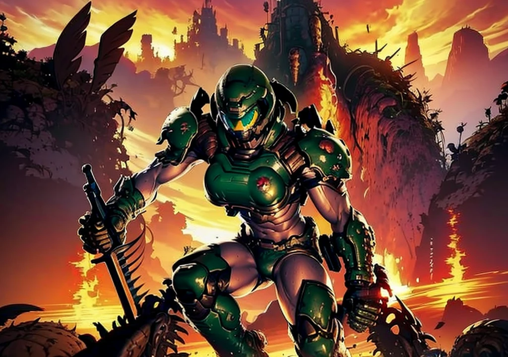 Warrior woman, 1girl, sexy, big breast, shooting monsters in hell, doom armor, no helmet, long hair, hell background, demons, sexy girl, showing armpits, fighting in hell with demons, full body. Wallpaper, big weapons, a lot of monsters attacking, inferno background, lava, creatures flying. Sexy angry woman (((shooting monsters))doom slayer environment.