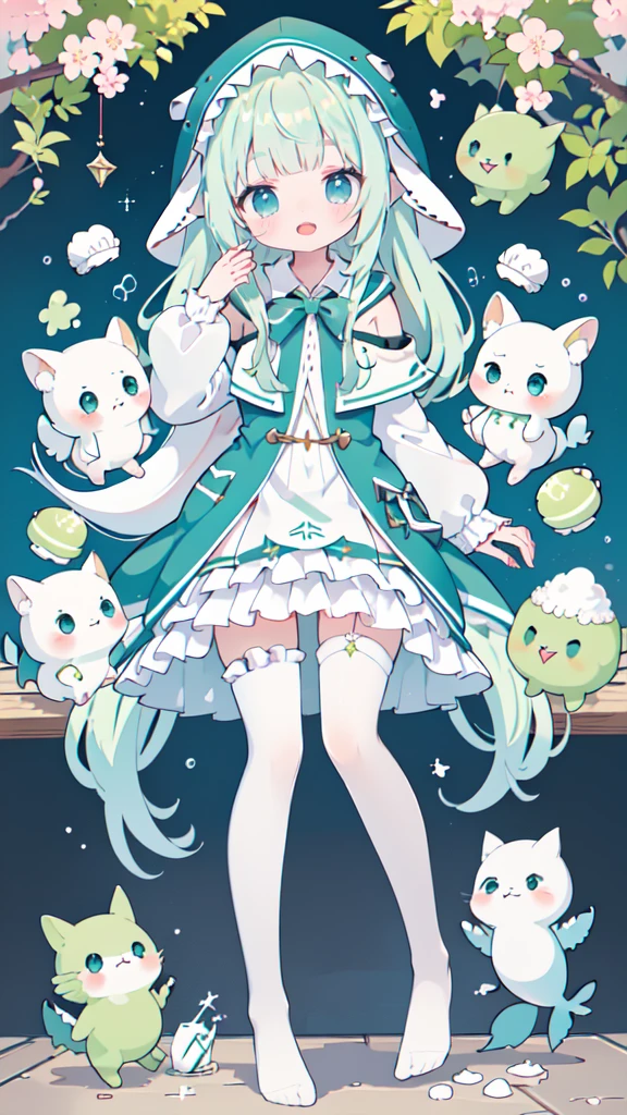 idol, yuri, bishoujo,masterpiece,best quality,official art,extremely detailed CG unity 8k wallpaper, ((Shark-shaped matcha green hood,Hoodie,zipper)),light cherry blossom powder long hair, blunt bangs, nose blush , embarrassed , shy, aqua eyes, beautiful detailed eyes, crying with eyes open, aqua eyes, narrowed eyes,shark Deep Matcha Green hood ,lace-trimmed legwear, white legwear, ((frilled white Silk Stockings)),((no shoes)),((top-down_bottom-up)),