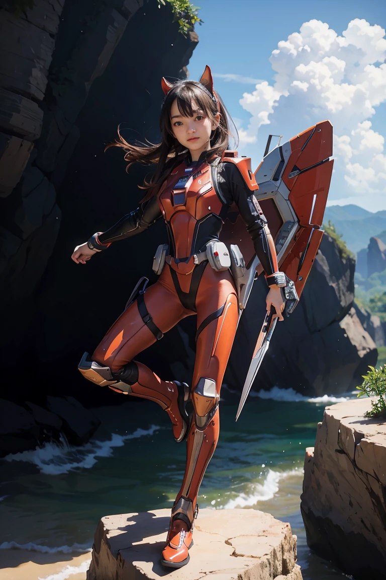 1girl, Absurd resolution, high resolution, (masterpiece: 1.4), hyper-detail, a mech, red armor with cybernetic red wings, floating flight in the sky (1.8) background is wild, fire, full bodysuit,