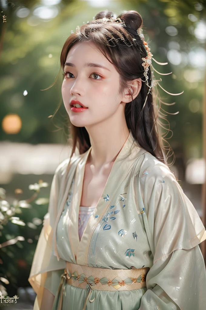 ((best quality, 8ก, Masterpiece: 1.3)), Point of interest: 1.2, perfect body beauty: 1.4, bottom: 1.2, ((Layered haircut)), (Wet clothes: 1.1), (rain, road:1.3), (chest: 1.2), (Hanfu: 1.2), bare shoulders, Bare legs, Highly detailed facial and skin textures, good eyes, Double eyelids, Whiter skin, long hair, (shut your mouth: 1.5), (bokeh background: 1.5), Big chest