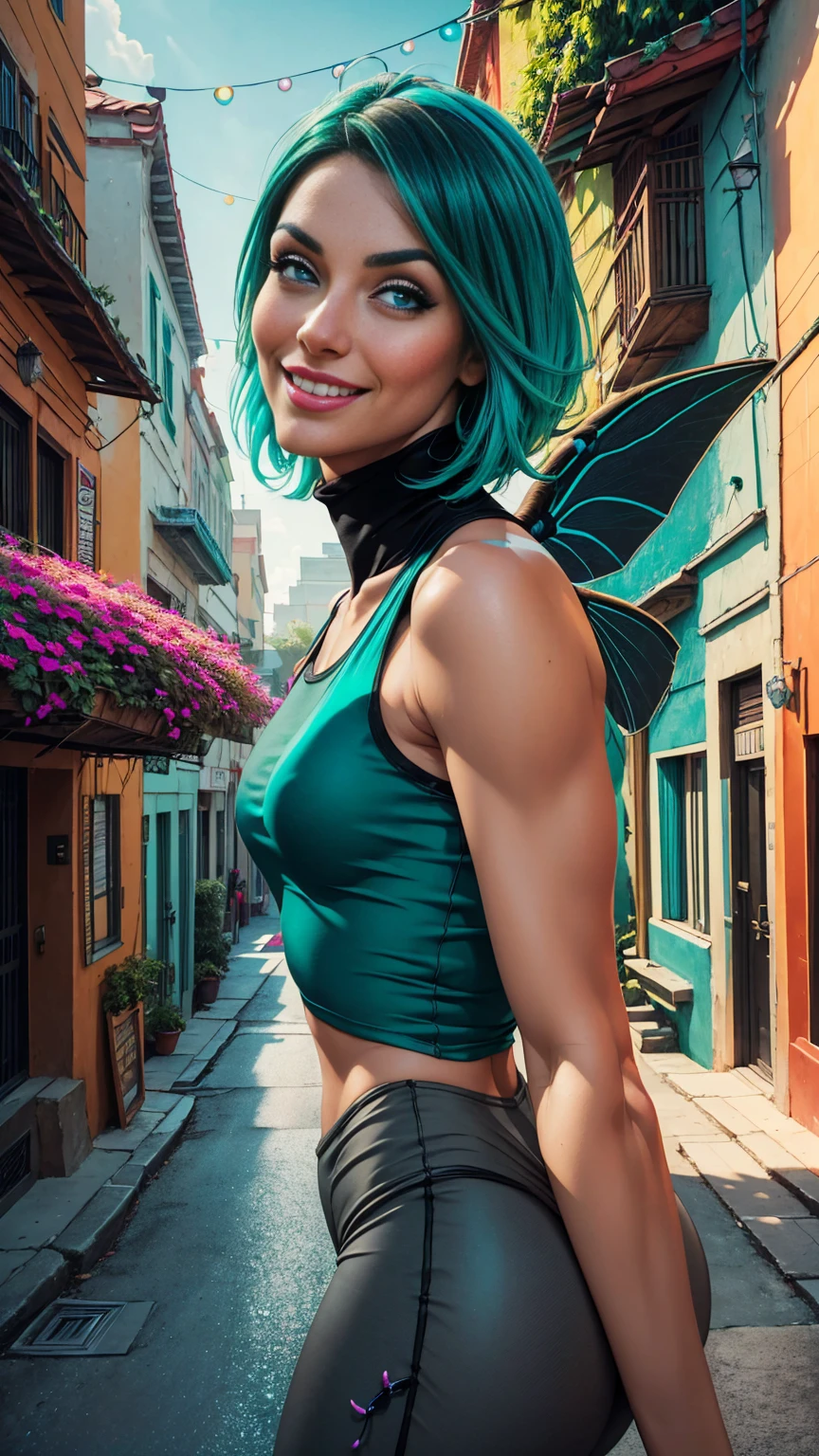 Latina, adult, pixie haircut, green hair, tall, ((small elongated insect wings on back)), ((thin black tank top with grey leggings)), smile, Enchanting, Vivid colors, Turquoise, Soft Coral, Fantasy world, Digital painting, Iridescent accents, Elegant, HD, Highly detailed, urban setting, Beautiful woman, Realistic face, Natural photography, Ultra HD
