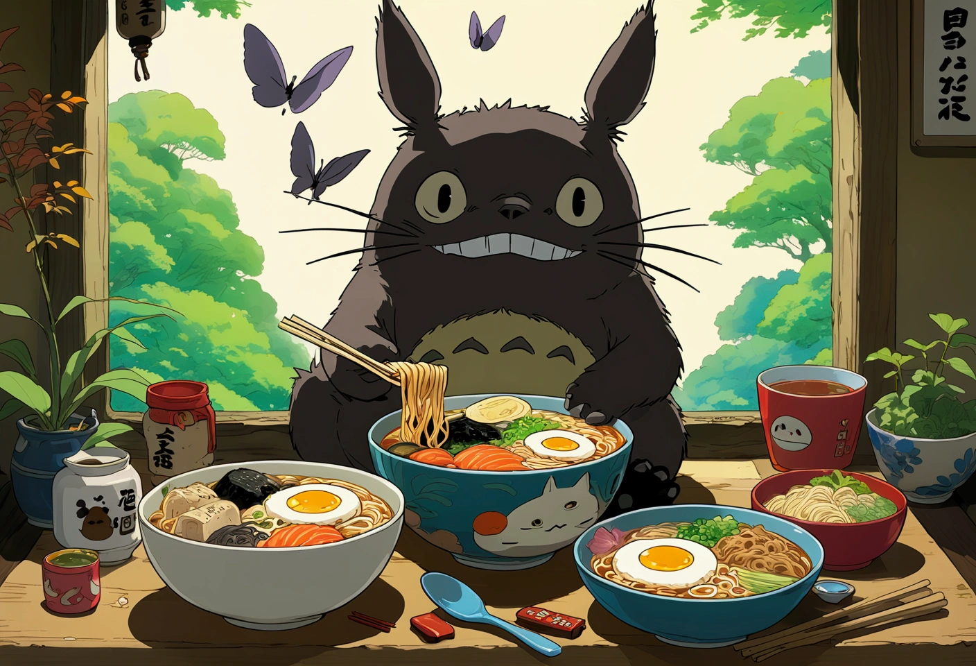 NijiEX style. Anime artwork.  Totoro and a black cat eating a bowl of ramen. Style by Studio Ghibli