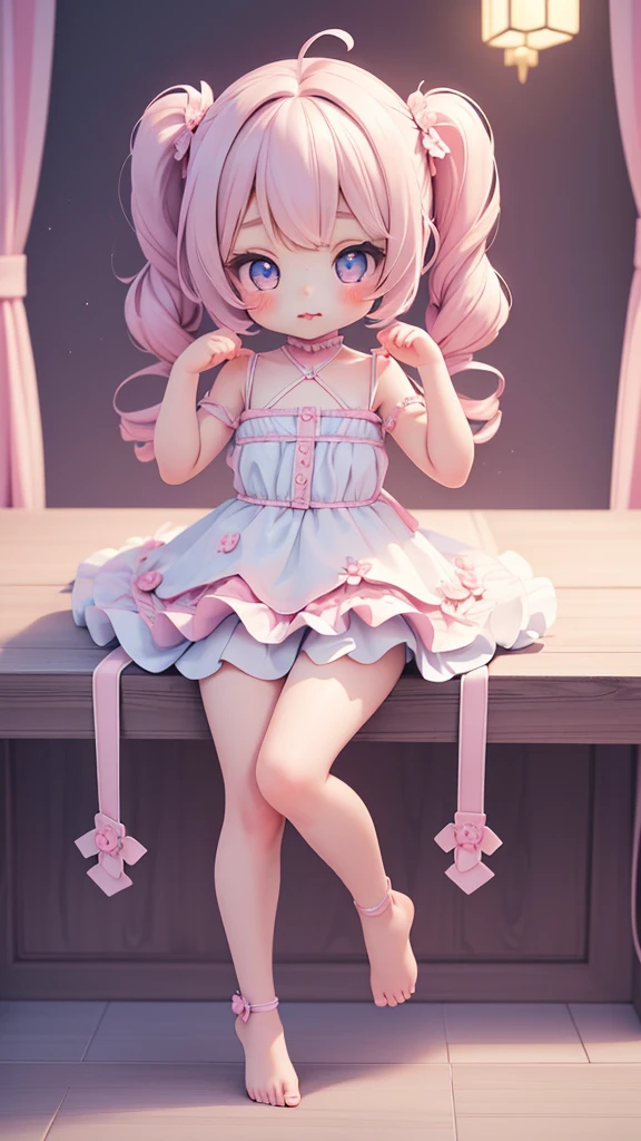 ((petite bishojo, little girl)), ((kawaii face)), ((kawaii eyes)), ((masterpiece)), ((best quality)), ((ultra detailed)), (exquisite), (depth), (crisp), (8k), (beautiful and aesthetic), (super detailed skin), ((high standard)), ((highres)), (perfect anatomy), (full body), (blush), (lipstick), ((kawaii pose)), (strap slip), (barefoot), (beautiful hands)