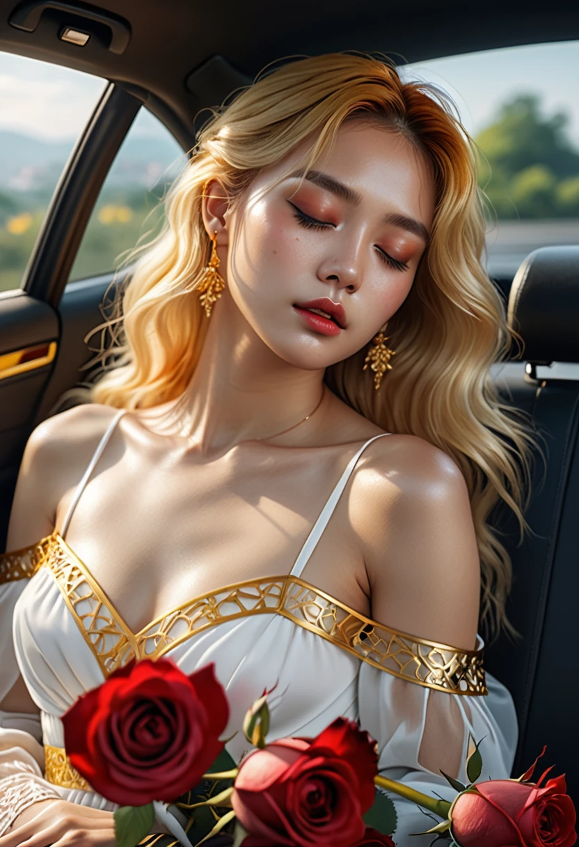 ((masterpiece)), ((best quality)), 8k, HD, super detail, (female), (Sheer white dress with yellow gold trim), (golden hair shawl scattered), (Closed eyes) (Bouquet of red roses on the dashboard, sleeping on the passenger seat inside the car :1.6, Upper body close-up angle) (upper body display :1.4) , 작품이 masterpiece이네요, best quality과 super detail로, 8k HD로 캡처. Photographic realistic, realistic, very detailed illustrations realistic, 