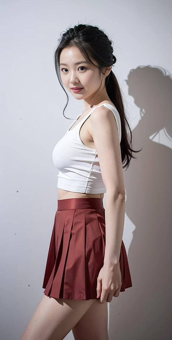 Asian woman in grey top and skirt posing for photo, wear a skirt, Gray skirt, 透明Gray skirt, wear a skirt, pleated mini skirt, mini skirt, wearing a tanktop and skirt, mini skirt, Wide skirt, Dark red pleated skirt, Short skirt, Thin waist, Short skirt length, Photos of slim girl models
