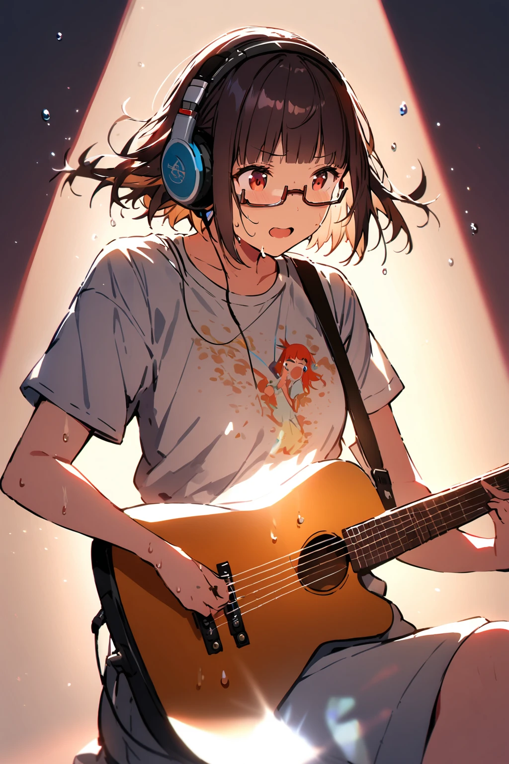 (extremely detailed fine touch:1.3), (((semi-rimless eyewear:1.3))), (headphone:1.2), short hair, blunt bangs, 1 girl, shirt, playing guitar, sing a song, fluttering hair, sweat droplets, spotlight, simple background,