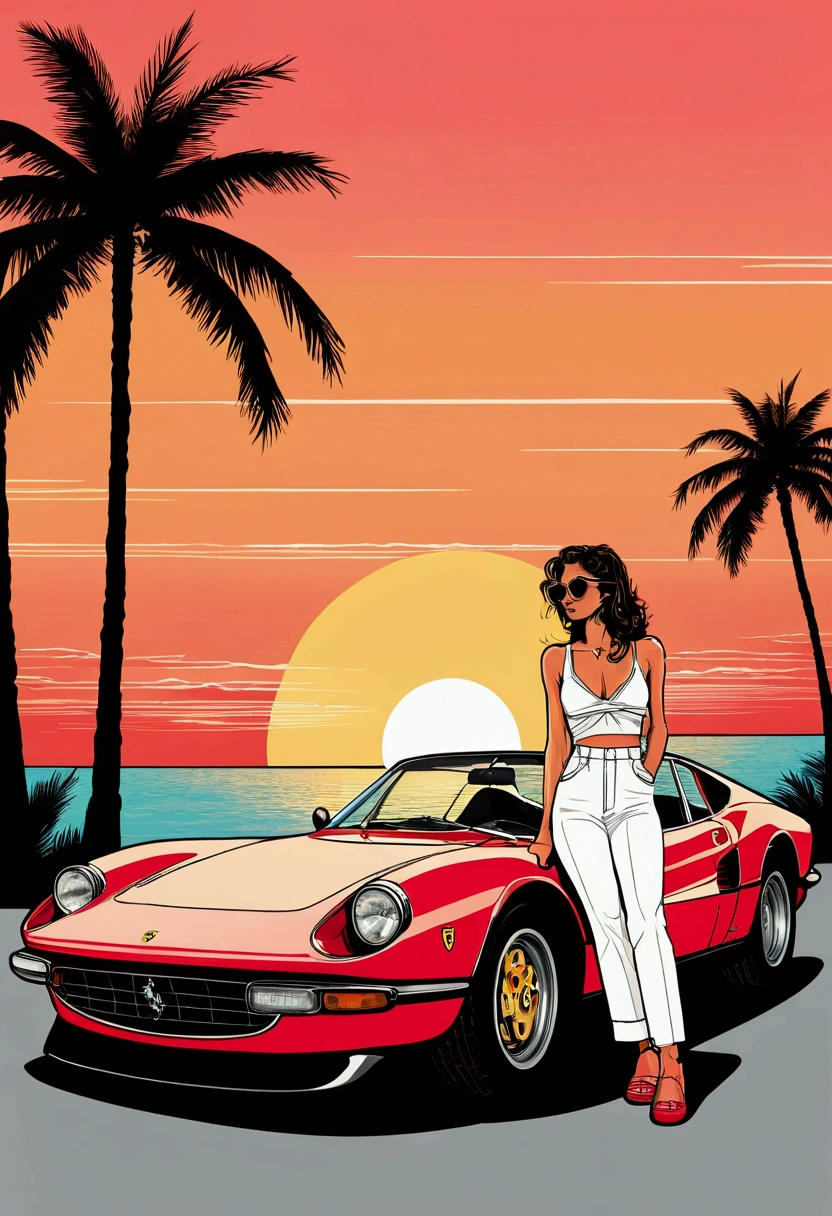 retro girl, Miami, sunset, Ferrari, palm tree, 90's, (flat colors, flat texture, lineart:1.2), graphical design, (heavy ink, ink blacks),