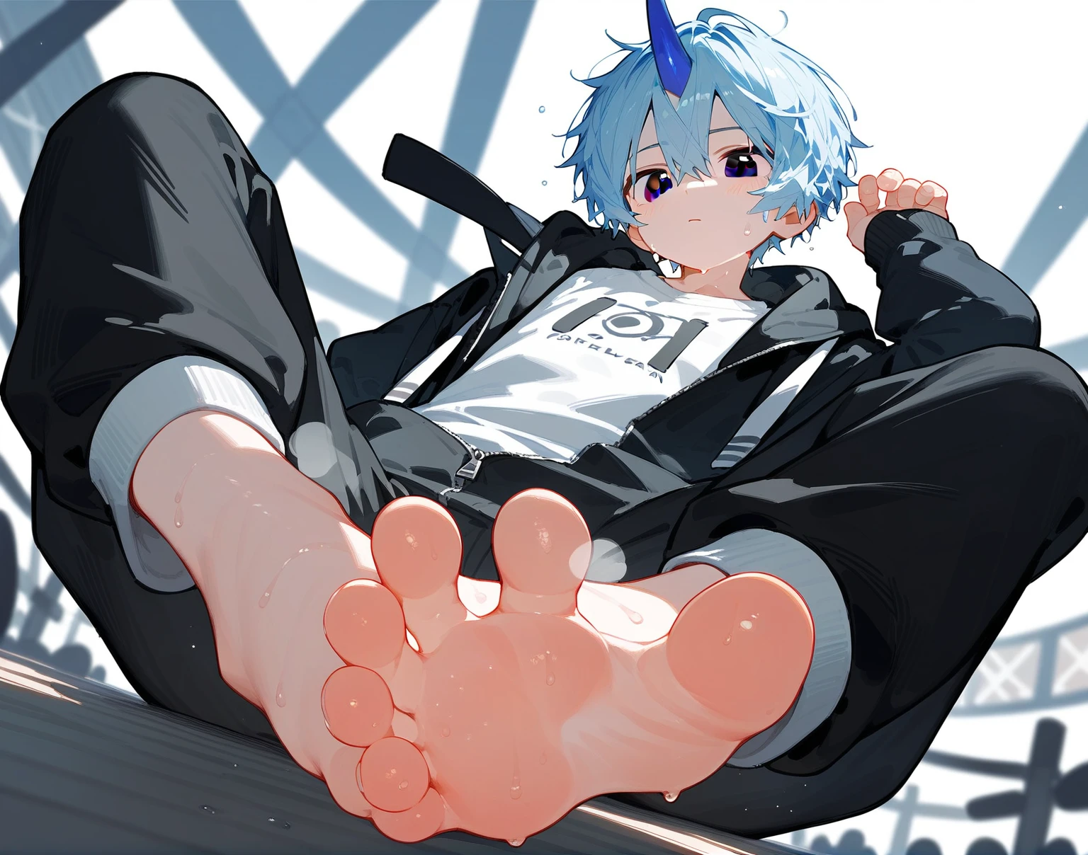 A cute boy showing his stinky feet low angle，barefoot，Sole，Sweating on the soles of the feet，Foot Focus，White T-shirt，Wearing a white and black hoodie jacket，Unzipped hoodie jacket，Bangs between the eyes，short hair，Light blue hair，Black trousers，Anatomically correct, There is a single short blue horn in the middle of the head.，Black eyes，Look at the audience