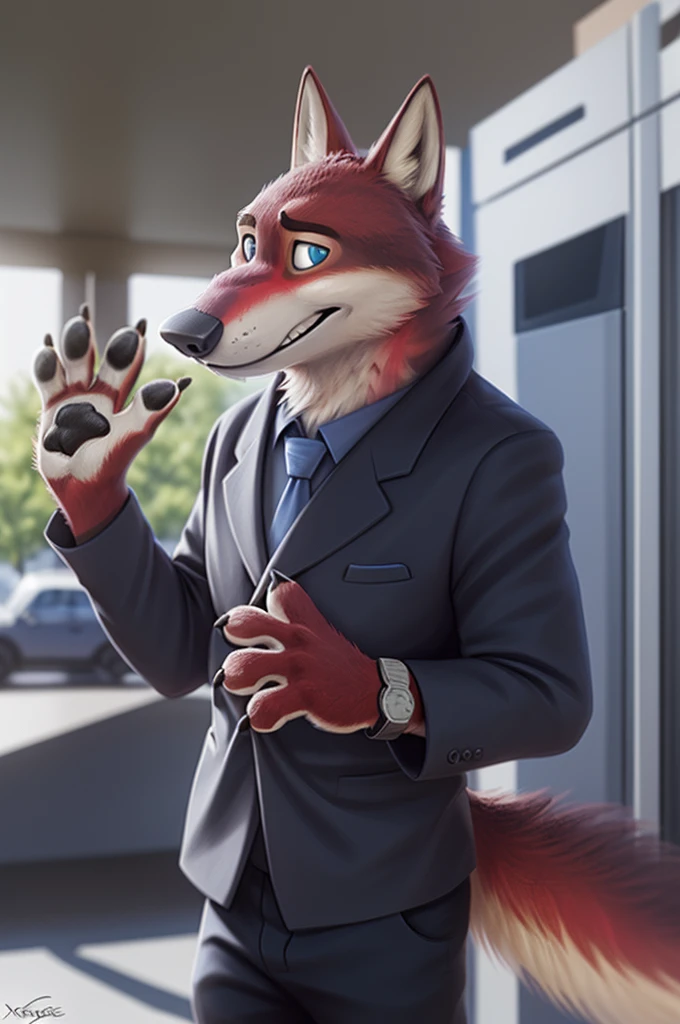 Joachim Wolfbach (Zootopia),tall handsome, wolf,young, 24 years, brown fur,  of goals,(red body:1.3),beautiful blue eyes, Moscow Dressed, shirt,blazer, tie,trousers,canine, wolf, detailed fur, Male, antro, paw pads, finger claws, waving, waving at viewer, 5 fingers, paws, 5 fingers, smile, happy, resting, wrist watch, т nextel, at home goes to the kitchen, by xenoforge, (difficult, high detail, film photography, soft focus, RAW, 
photorealism, realistic, photorealistic, digital style, Subsurface scattering masterpiece, Best quality, ultra realistic, 8 K)