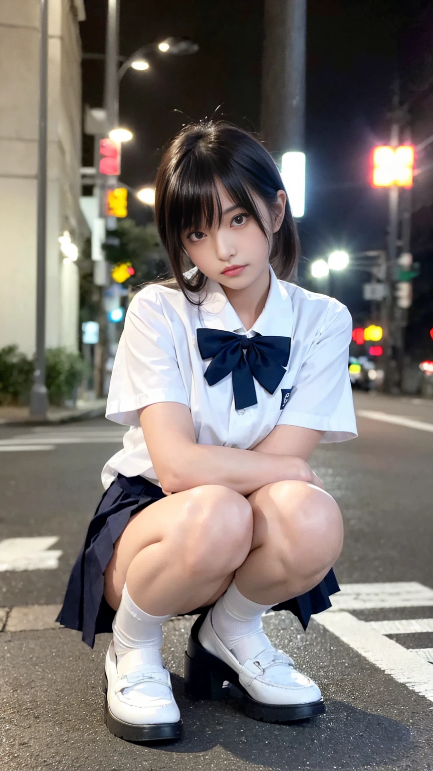 1 Female、(so beautiful)、(Beautiful Face:1.5)、The outline of the pubic area is clear、squat、Spread your legs、(White panties:1.4)、(High School Uniform)、(Dark blue pleated skirt)、(Wear black loafers)、(Shibuya sidewalk at night)、Neon Signs、(At S.F.W.:1.1)