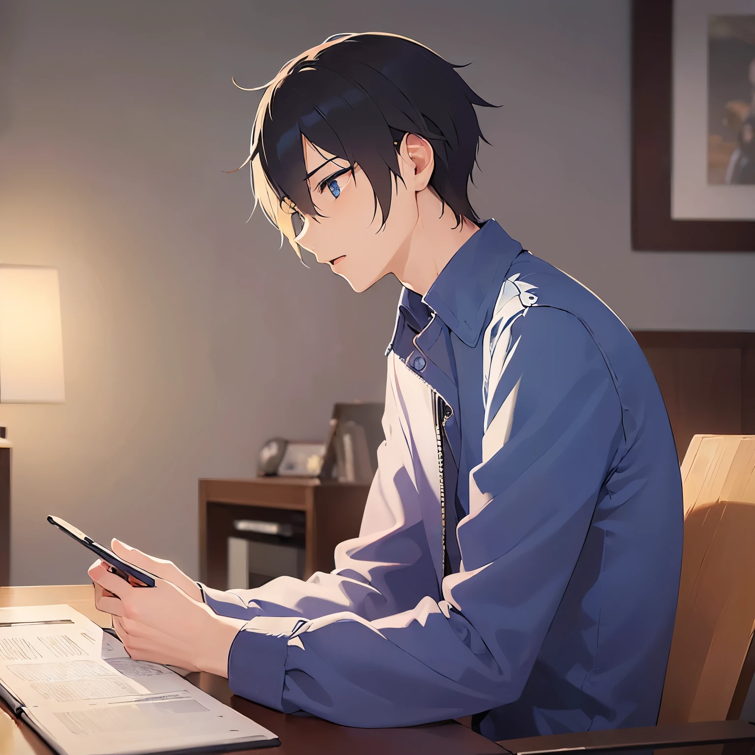 (25-year-old male:1.5) and(black短髪) and (blue eyes),
(blackTWearing a shirt)、side angle, (looking away:1.5),
masterpiece、Highest quality、hold one’s head、
Serious,blush,open mouth,(alone:1.5)、The background is the living room at night、Sitting