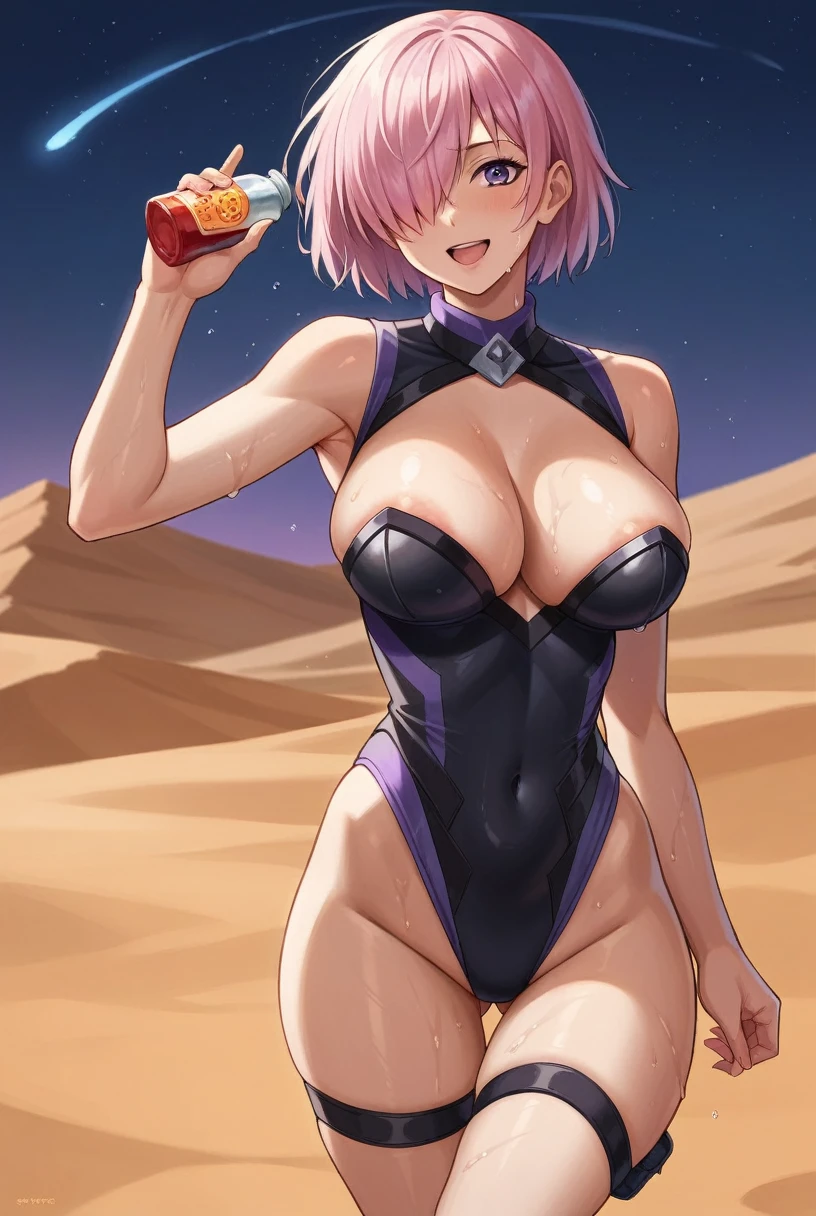 nsfw,score_9, score_8_superior, score_7_superior, sauce_Anime BREAK 1 Girl, alone, View your viewers, Detailed Background,  Mash Kyrielight, Pink Hair, Hair on one eye, Super big breasts, leotard, areola is exposed,belly button, Thigh straps, Elbow hand pockets,  Cleavage, smile, (Outdoor, night, Dust, desert),  From behind, Dynamic pose,Wet with sweat all over the body,zygote