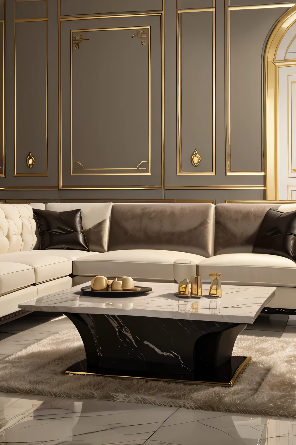 Professional 3D architecture rendering design of modern and French light cream velvet sofa with black slab stone middle table and high details and quality