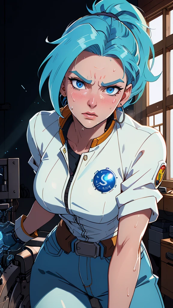((((masterpiece, best quality, high resolution)))), Extremely detailed 8K, 1 female, (Bulma from Dragon Ball) wearing a futuristic white jacket, (Ultra HD, Ultra-detailed, Highly detailed, Highly realistic, Ultra-realistic, photograph realistic), (1girl:1.5), (Realistic pony tail, blue hair), (dynamic poses), facing at camera, looking at viewer, (a serious focus face), (regular blue eyes, sharp eyes), (perky breasts:1.2), (beautiful detailed face, beautiful detailed eyes), ((slightly sweating)), (working on a mechanical invention), sweat, glow, (sunbeam, sunlight), ((cowboy shot)), laboratory background, seductive, EnvyBetterHands LoCon,